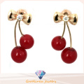 Hot Venda Moda Jóias 2015 Nova Moda Lovely Red Cherry Brincos Rhinestone Folha Bead Stud Brincos E6335